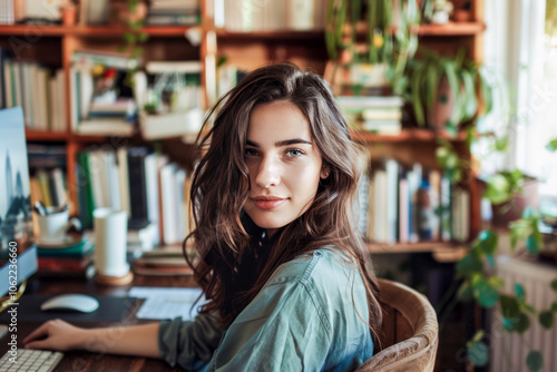 Young woman working in a cozy home office filled with books and plants