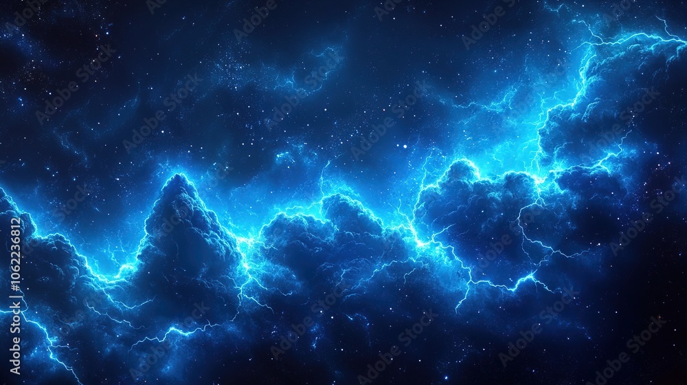 Energetic blue lightning bolts against a dark sky background Energetic blue lightning bolts against a dark sky background