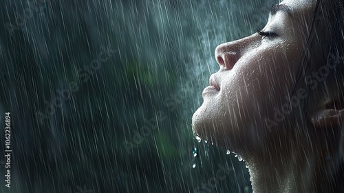 A woman enjoying the refreshing rain under a dark sky with droplets cascading down her face in a serene moment of peace and reflection