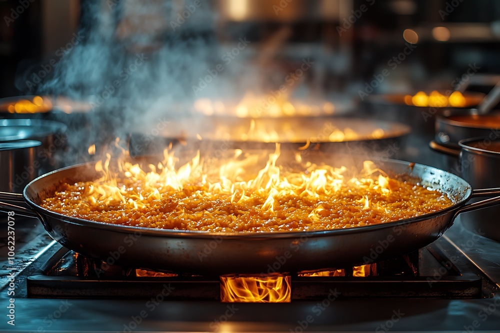 Traditional Spanish paella cooked on fire in a restaurant kitchen Traditional Spanish paella cooked on fire in a restaurant kitchen