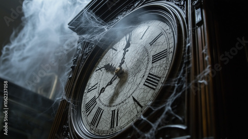 Antique Clock with Cobwebs and Cracked Face in Dim Light