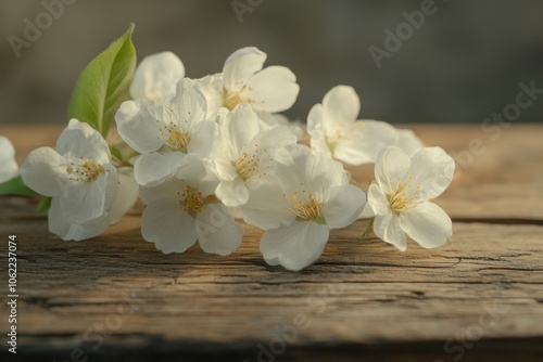 Delicate White Blossoms on Rustic Wood Surface