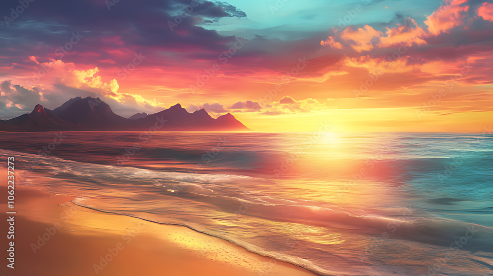 Vibrant sunset over the ocean with mountain silhouettes on the horizon. Vibrant sunset over the ocean with mountain silhouettes on the horizon.