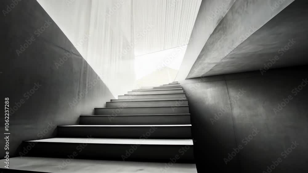 A concrete staircase leads up to a bright, open space, a perfect example of architectural minimalism A concrete staircase leads up to a bright, open space, a perfect example of architectural minimalism