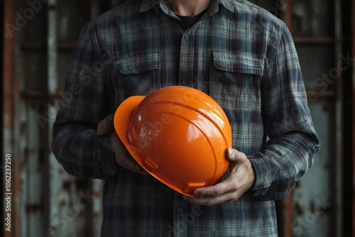 Male Construction Worker with Hard Hat in Plaid Shirt photo