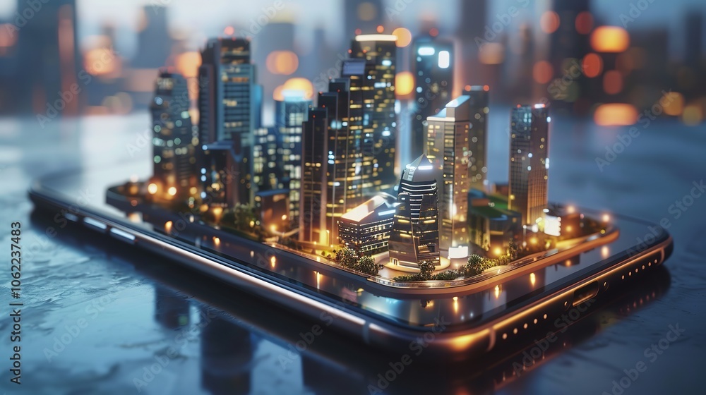 Mobile Phone with City Buildings on the Screen, 3D Rendering Mobile Phone with City Buildings on the Screen, 3D Rendering