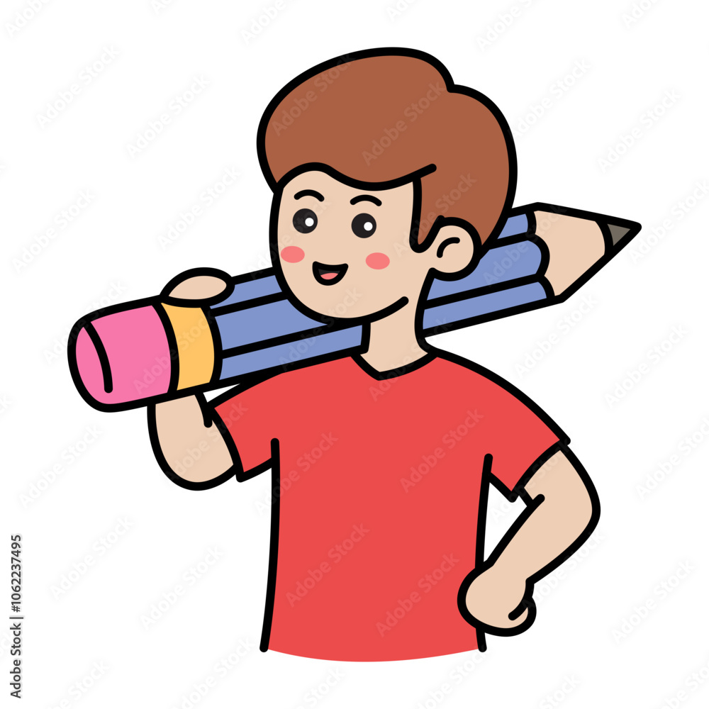 Cheerful Boy Holding a Giant Pencil Cheerful Boy Holding a Giant Pencil