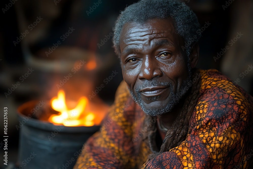 Portrait of an elderly African man by the fire. Portrait of an elderly African man by the fire.