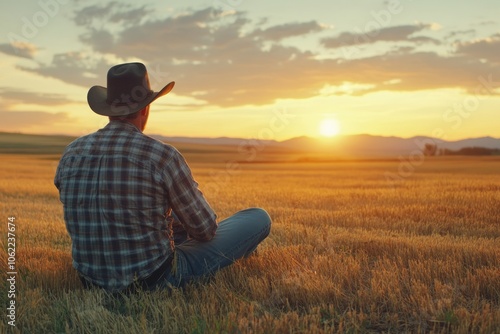 Solitary Farmer Enjoys Sunset in Golden Field