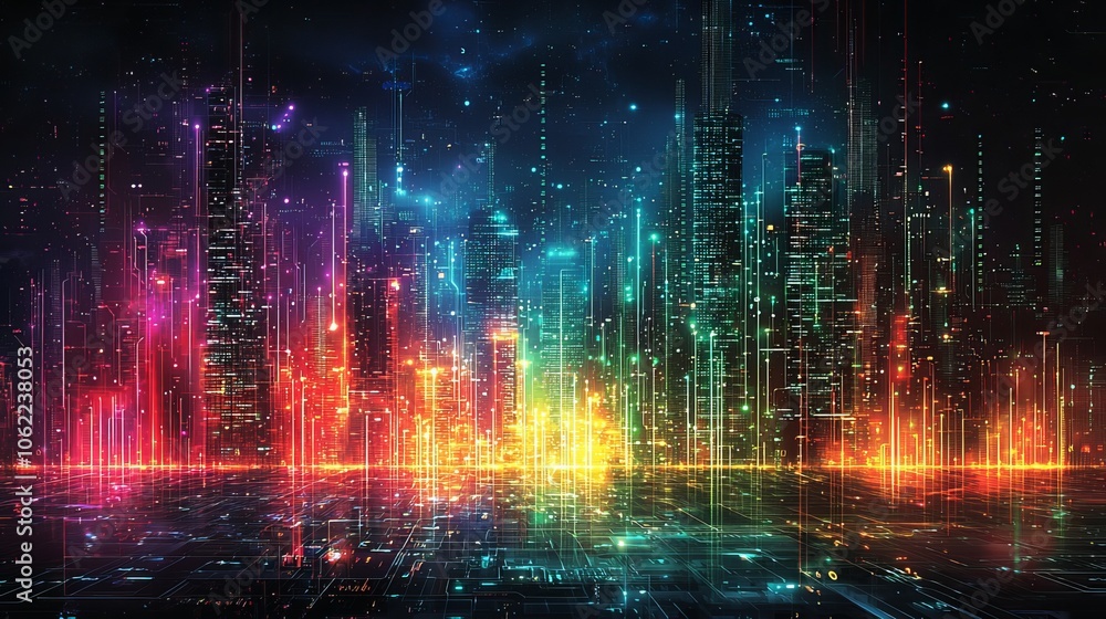 Fototapeta premium Futuristic Neon Cityscape with Vibrant Digital Interface