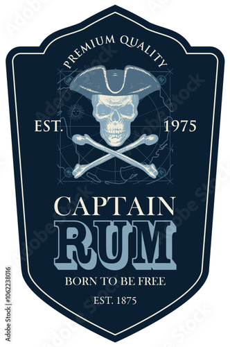 Vector label with the inscription Captain Rum. Hand-drawn human skull in a pirate hat and crossbones on a dark background with map in retro style.