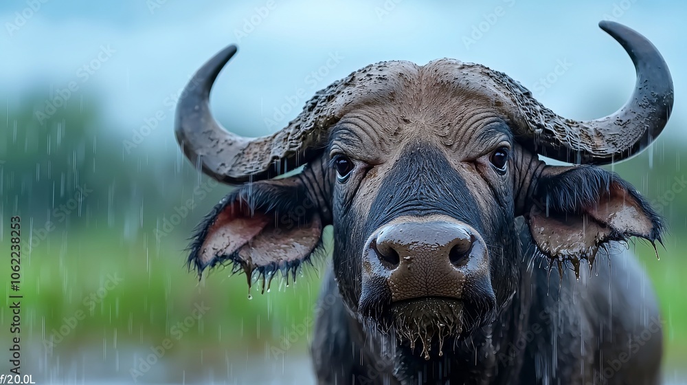 Naklejka premium Close-up of a water buffalo covered in mud during a rainstorm, capturing the animal's intense gaze and ruggedness amidst a dynamic, natural environment.