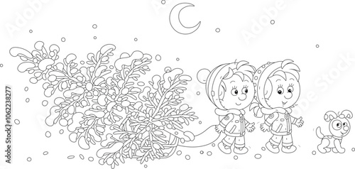 Happy little boy and girl with a funny puppy carrying a snowy fir tree on their small sled to decorate it to Christmas, black and white outline vector cartoon illustration for a coloring book page