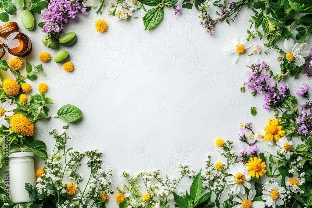 A vibrant arrangement of fresh herbs and flowers surrounding essential oils on a white background A vibrant arrangement of fresh herbs and flowers surrounding essential oils on a white background