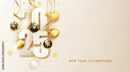 Happy new year 2025. Festive design with Christmas decorations, balls, streamer and garlands.