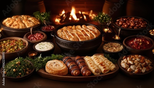 A beautifully arranged spread of various dishes, showcasing a festive dinner scene with a warm fireplace ambiance in the background.