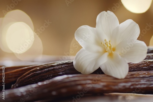 Elegant White Flower on Vanilla Bean Background photo