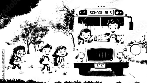 Happy cute kids go to school by bus. Single layer black and white image.