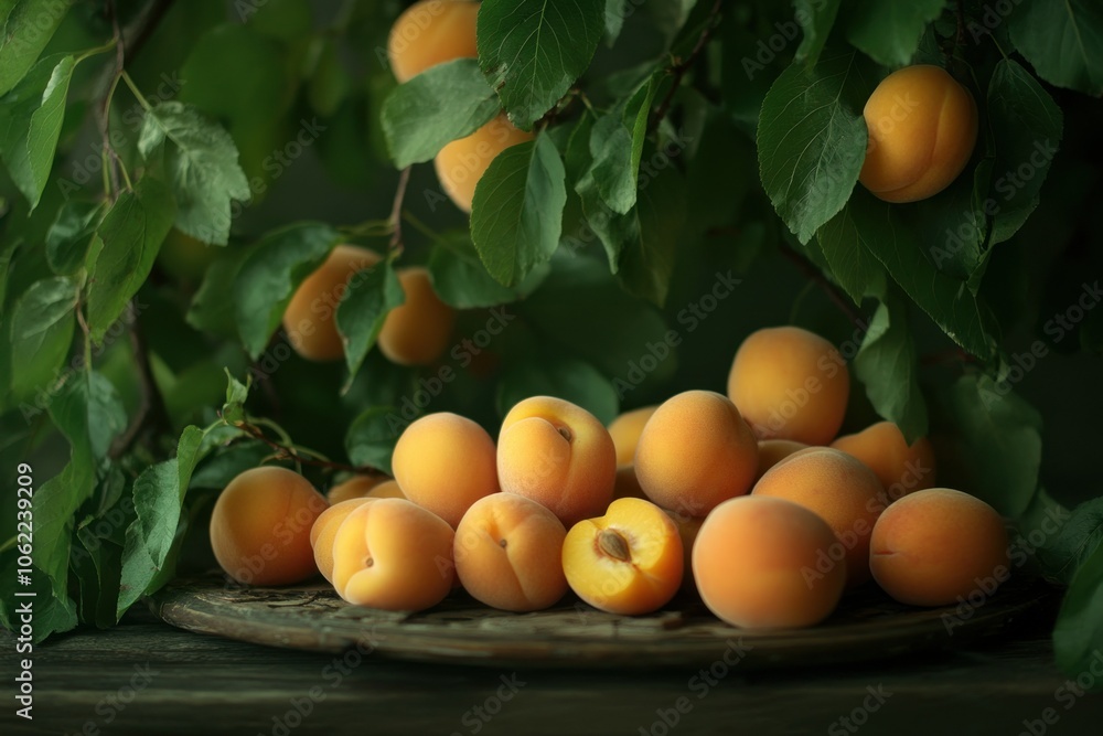 Fresh Apricots Among Lush Green Leaves Fresh Apricots Among Lush Green Leaves