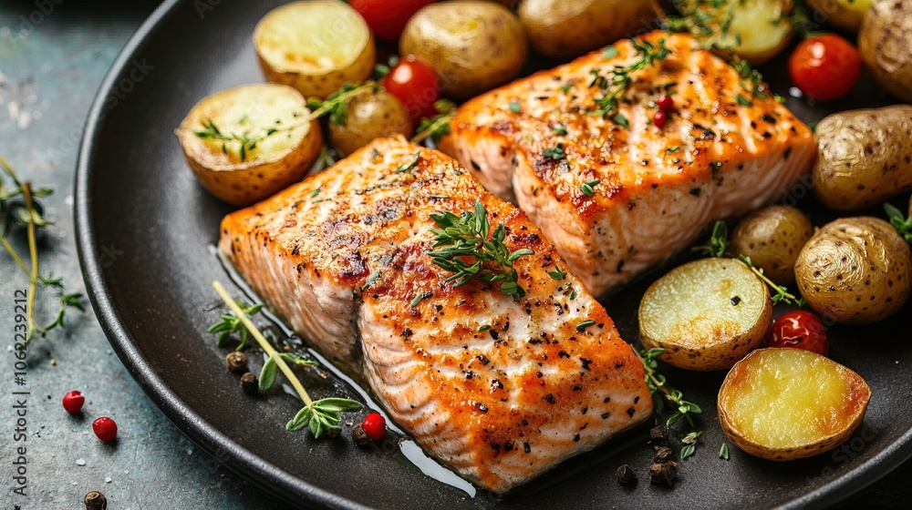 Seared salmon with herb garnish and roasted potatoes Seared salmon with herb garnish and roasted potatoes