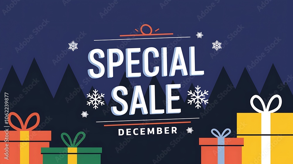 Fototapeta premium December Special Sale Banner with Gift Boxes and Snowflakes