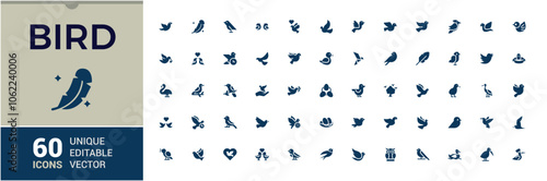 Bird solid web icon set. Contains such icons as sparrow, feather, aviary, wren, wing, animal and more. Isolated icons design. Editable vector icon and illustration.