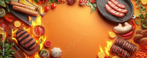 Grill menu, barbecue items and flame graphics, 3D illustration photo