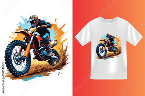 Stylish extreme dirt bike cartoon style biker t shirt design illustration vector