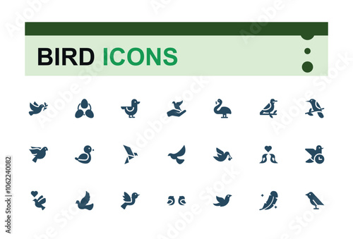 Set of Bird solid icons. Contains related to animal, wildlife, wild, beak, feather, sparrow and more. Flat filled icons pack.