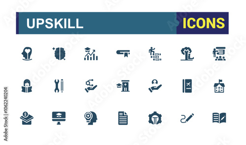 Education icons set in solid style. Contains such icons as graduation, university, college, academic, teaching, scholarship and more. Filled icon collections.
