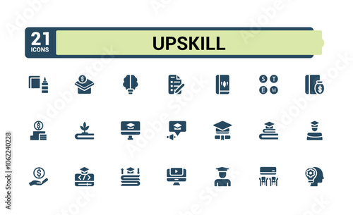 Education icons set in solid style. Contains such icons as graduation, university, college, academic, teaching, scholarship and more. Filled icon collections.