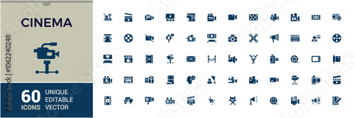 Set of vector filled icons for film. Sign and symbols in flat design cinema and movies with elements for mobile concepts and web apps. Collection modern infographic logo and pictogram.