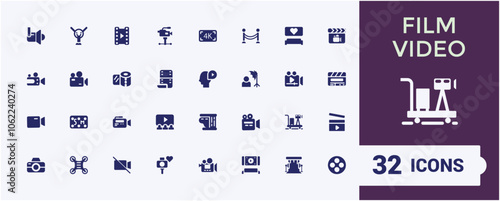 Set of vector filled icons for film. Sign and symbols in flat design cinema and movies with elements for mobile concepts and web apps. Collection modern infographic logo and pictogram.
