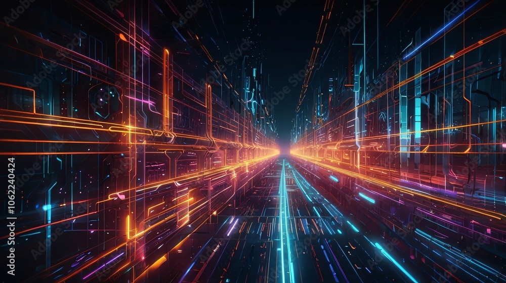 Futuristic Digital Landscape with Neon Light Streaks Futuristic Digital Landscape with Neon Light Streaks