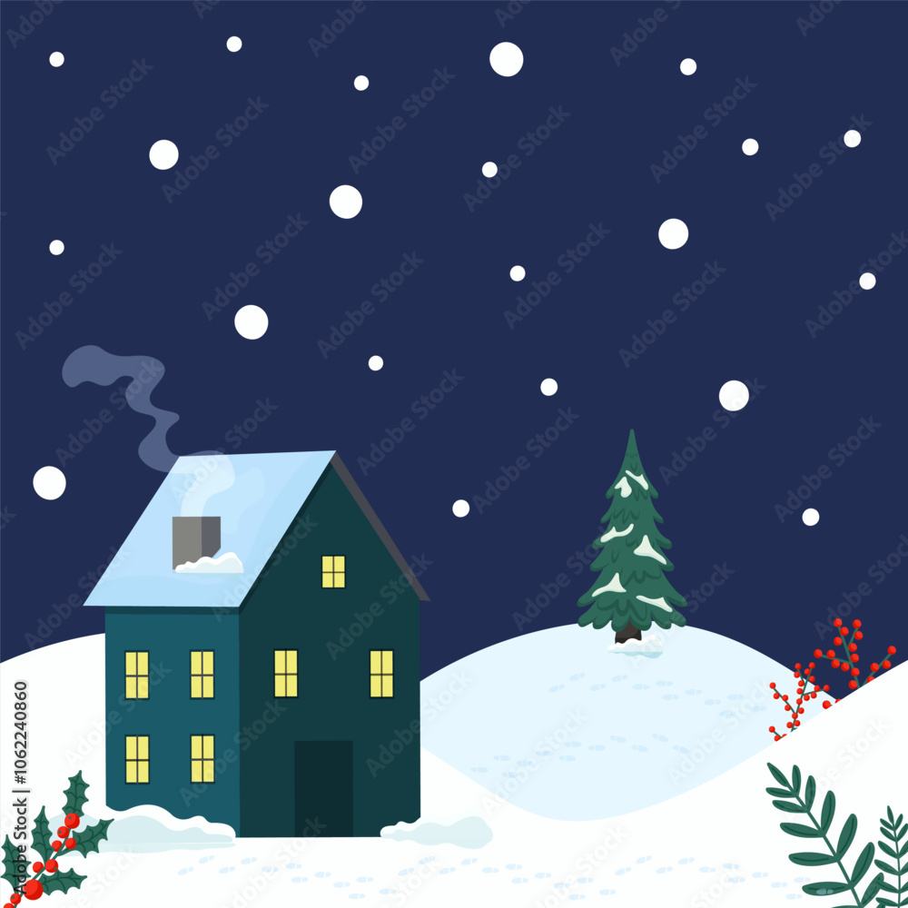Fototapeta premium A cozy winter night scene with a snow-covered house and a Christmas tree in the background