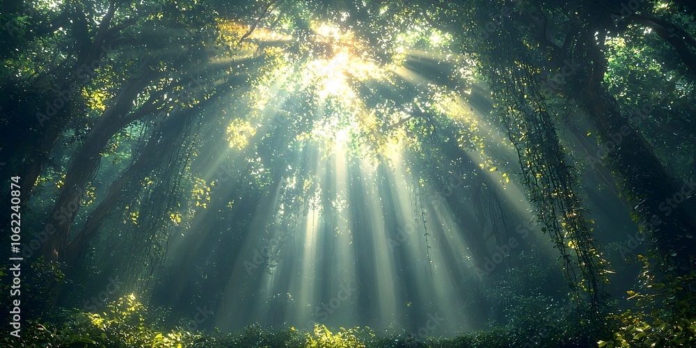 Obraz premium A mystical forest scene with sunlight filtering through lush green foliage, creating a magical atmosphere filled with soft beams of light and rich plant life.