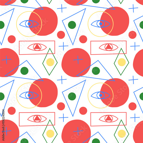 Vector multicolor  seamless pattern with abstract geometric ornament. Doodle cute circles  and geometric figures. Background for design, decor, wrapping paper, cover, ceramics tile, fabric.