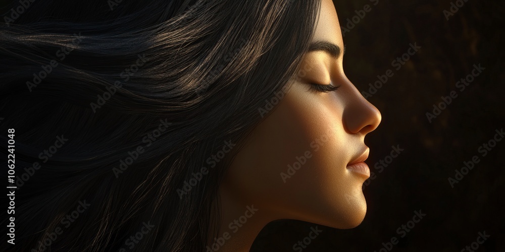 Photorealistic portrait of a young woman in right-facing profile view, eyes closed, with long flowing dark hair dramatically billowing behind her. generative ai Photorealistic portrait of a young woman in right-facing profile view, eyes closed, with long flowing dark hair dramatically billowing behind her. generative ai