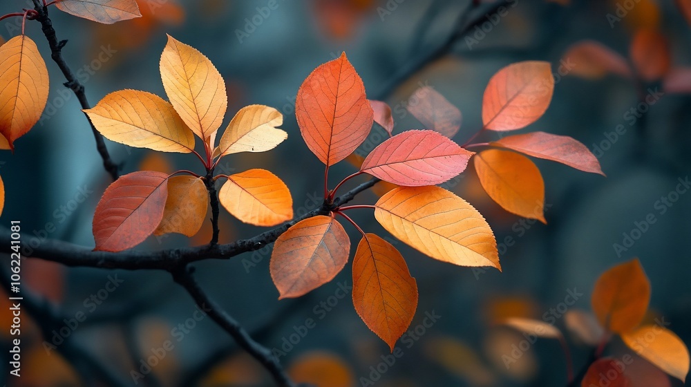 Close-up of vibrant red and orange leaves on a branch against a blurred background. Close-up of vibrant red and orange leaves on a branch against a blurred background.