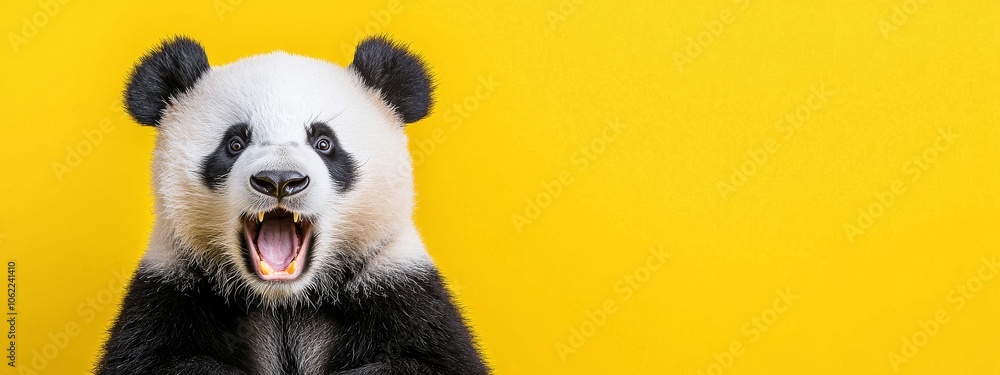 An image of a panda standing over a yellow background, looking surprised, amazed, and impressed An image of a panda standing over a yellow background, looking surprised, amazed, and impressed