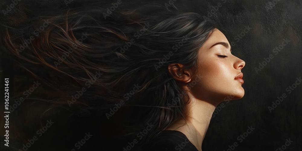Photorealistic portrait of a young woman in right-facing profile view, eyes closed, with long flowing dark hair dramatically billowing behind her. generative ai Photorealistic portrait of a young woman in right-facing profile view, eyes closed, with long flowing dark hair dramatically billowing behind her. generative ai