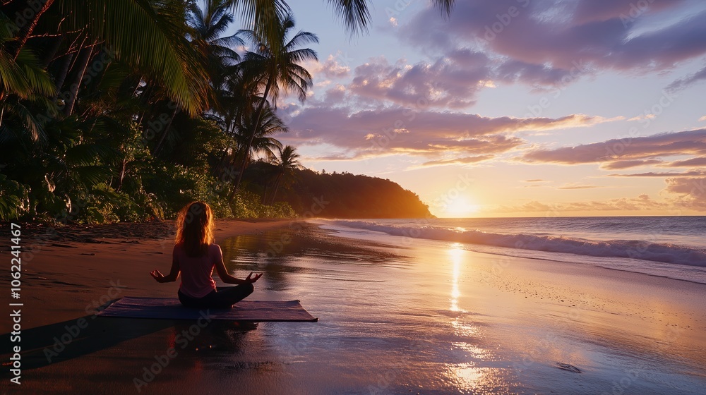 Fototapeta premium A woman doing yoga at sunrise on a serene beach