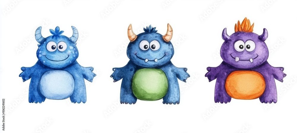 Obraz premium Watercolor set of cute cartoon sea creatures isolated on white background.