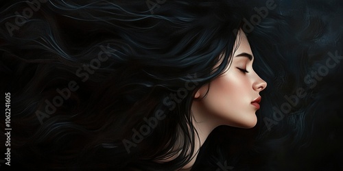 Photorealistic portrait of a young woman in right-facing profile view, eyes closed, with long flowing dark hair dramatically billowing behind her. generative ai