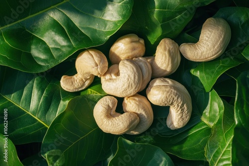 Raw Cashew Nuts on Vibrant Green Leaves