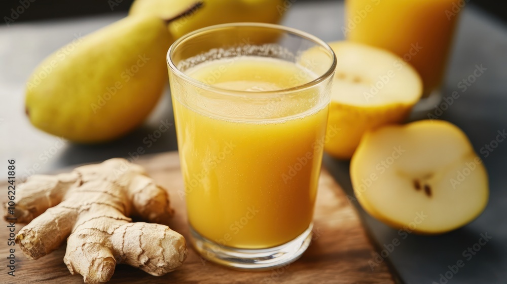 A cold-pressed pear and ginger juice with a touch of lemon, offering a naturally sweet and slightly spicy drink that promotes digestion and refreshes, perfect for daily wellness routines A cold-pressed pear and ginger juice with a touch of lemon, offering a naturally sweet and slightly spicy drink that promotes digestion and refreshes, perfect for daily wellness routines