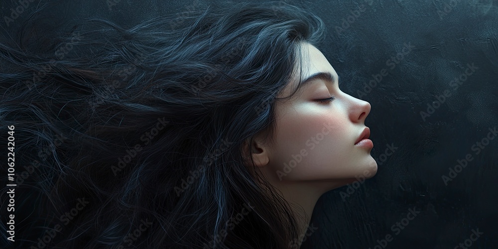 Photorealistic portrait of a young woman in right-facing profile view, eyes closed, with long flowing dark hair dramatically billowing behind her. Soft,generative ai Photorealistic portrait of a young woman in right-facing profile view, eyes closed, with long flowing dark hair dramatically billowing behind her. Soft,generative ai