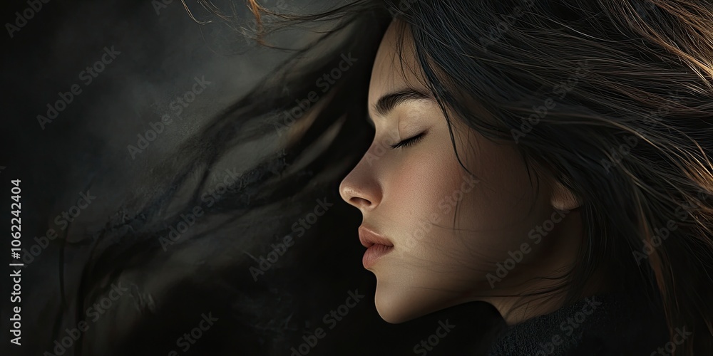 Photorealistic portrait of a young woman in right-facing profile view, eyes closed, with long flowing dark hair dramatically billowing behind her. Soft,generative ai Photorealistic portrait of a young woman in right-facing profile view, eyes closed, with long flowing dark hair dramatically billowing behind her. Soft,generative ai