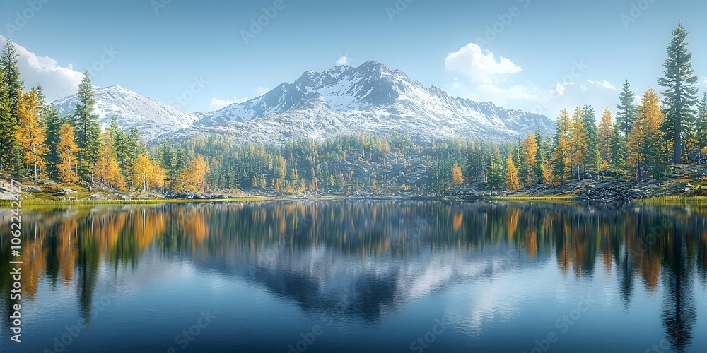 A serene panoramic view of a mountain landscape featuring snow-capped peaks, vibrant autumn foliage, and a tranquil lake reflecting the surrounding beauty. A serene panoramic view of a mountain landscape featuring snow-capped peaks, vibrant autumn foliage, and a tranquil lake reflecting the surrounding beauty.