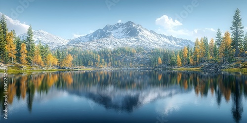 A serene panoramic view of a mountain landscape featuring snow-capped peaks, vibrant autumn foliage, and a tranquil lake reflecting the surrounding beauty.